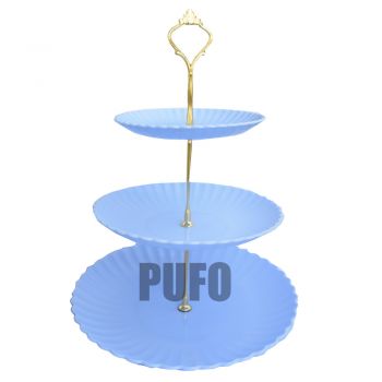 Fructiera etajata Pufo Candy cu 3 nivele, pentru prajituri, torturi, fructe, aperitive, maner metalic, albastru