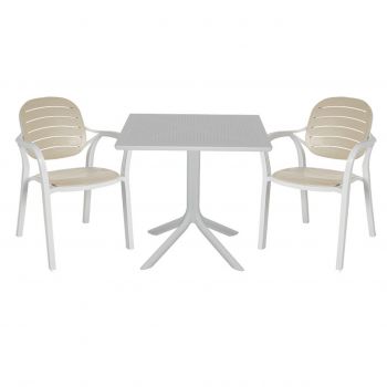 Set mobilier de gradina 3 piese Groovy-Gentle, Pakoworld, masa cu 2 scaune, 80x80x74.5 cm, polipropilena, alb/cappuccino