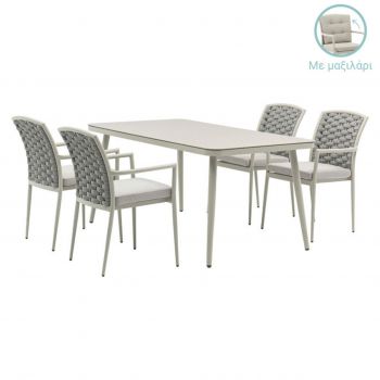 Set mobilier de gradina 5 piese Ecco-Moritz, Pakoworld, masa si 4 scaune, 160x90x75 cm, textilena 2x1/aluminiu/poliester, gri/bej
