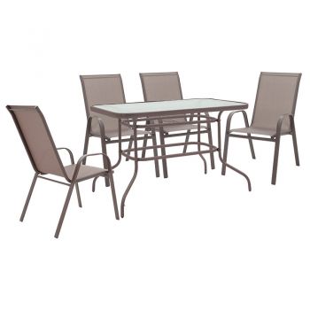 Set de gradina masa si scaune 5 bucati Valor-Calan metal negru-textilena maro 110x60x70cm